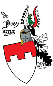 Wappen derer von Presing; Das Wappen zeigt eine Mauer mit zwei weiße Zinnen auf rotem Grund.